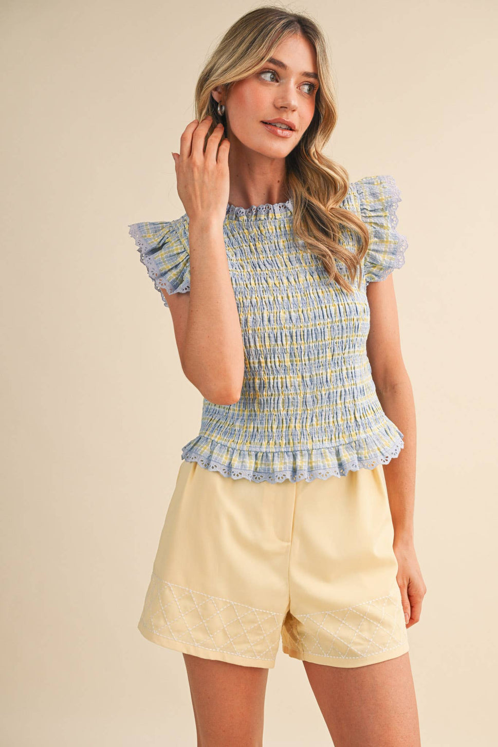 *Pink Plaid Smocked Lace Trim Top