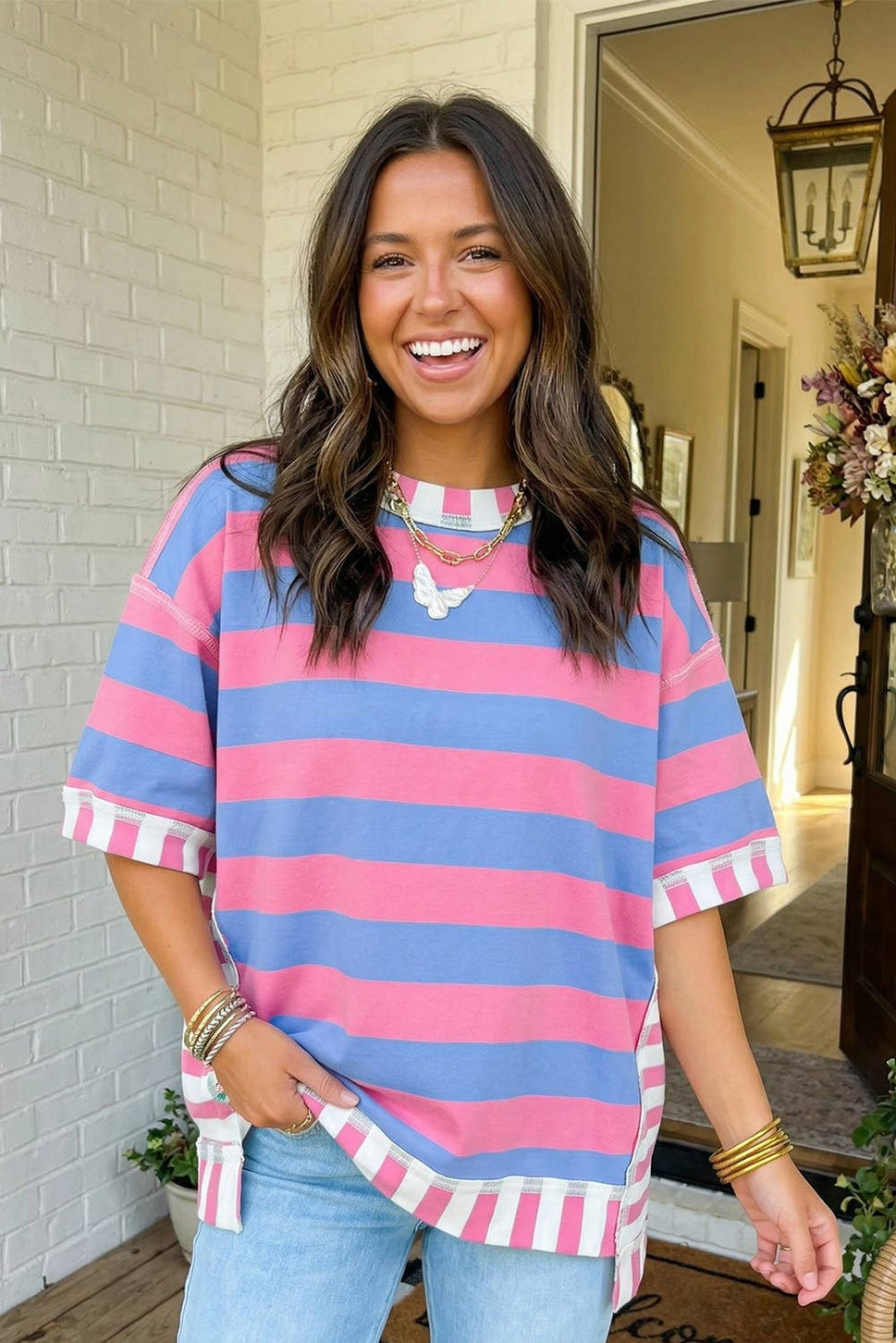 LAS Stripe Exposed Seam Patchwork Top