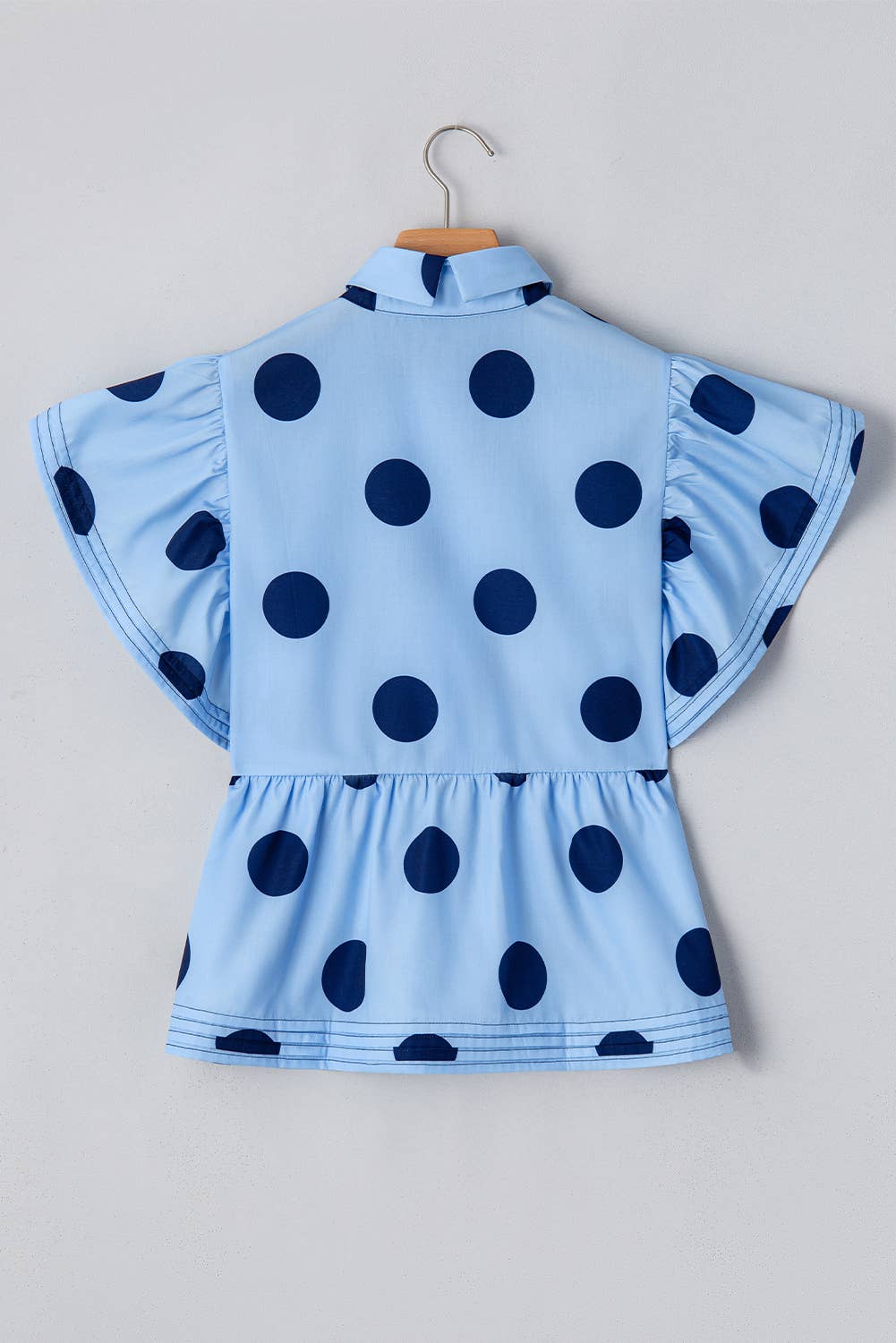 Polka Dot Print Ruffled Buttoned Collared Blouse
