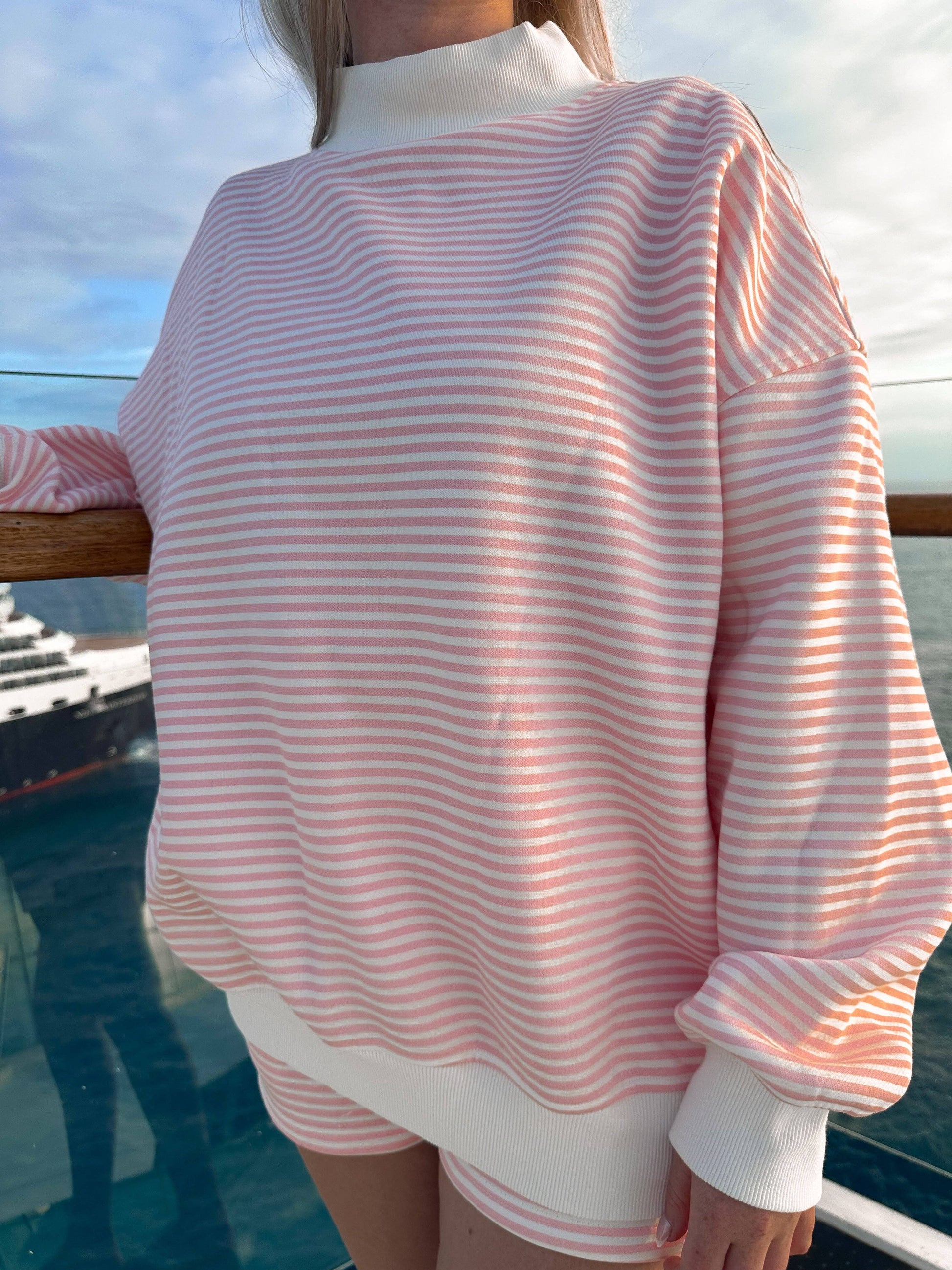 LIGHT PINK AND BIG STRIPED MOCKNECK SWEATSHIRT