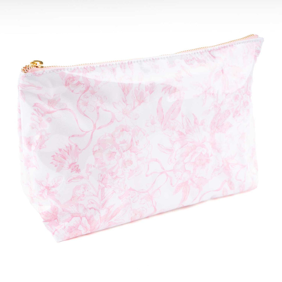 PINK BOW TOILE CLEAR COATED TRAVEL COSMETIC BAG CASE