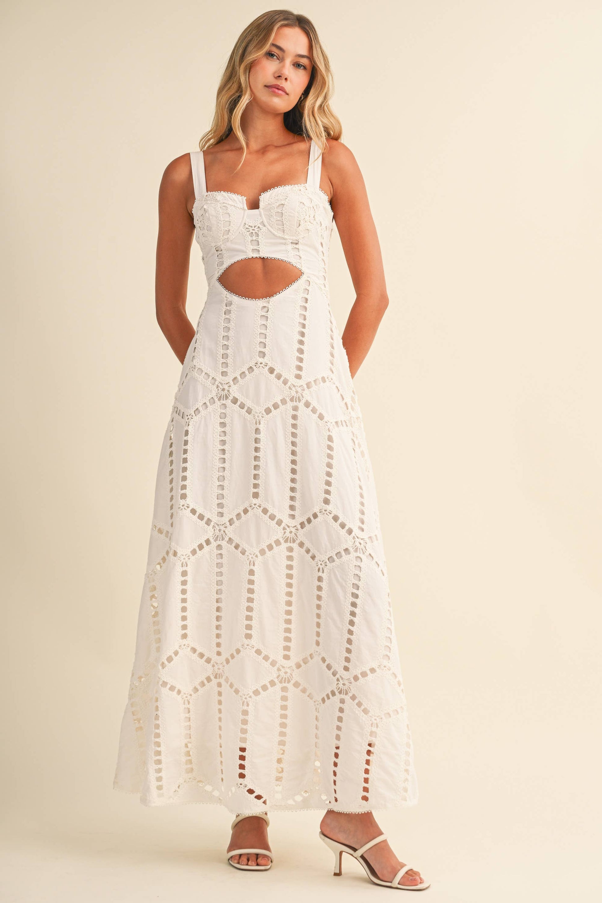 ID10399 EMBROIDERED CUTWORK BUSTIER FLARE LONG DRESS