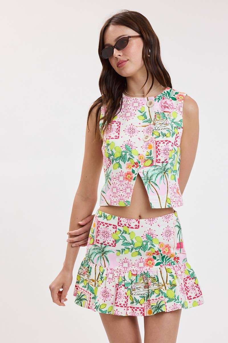BREEZY TROPICAL SLIT VEST TOP & MINI SKORT SET