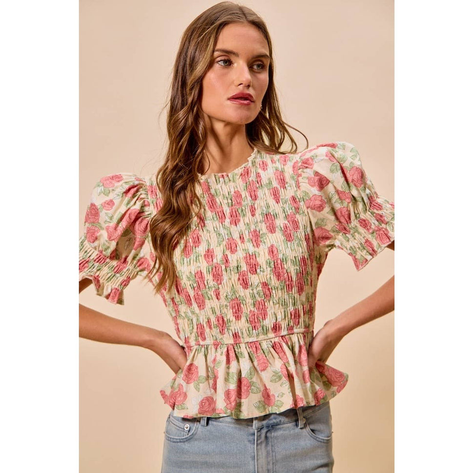Floral Rose Print Smocked Short Sleeves Blouse Top: ROSE PINK