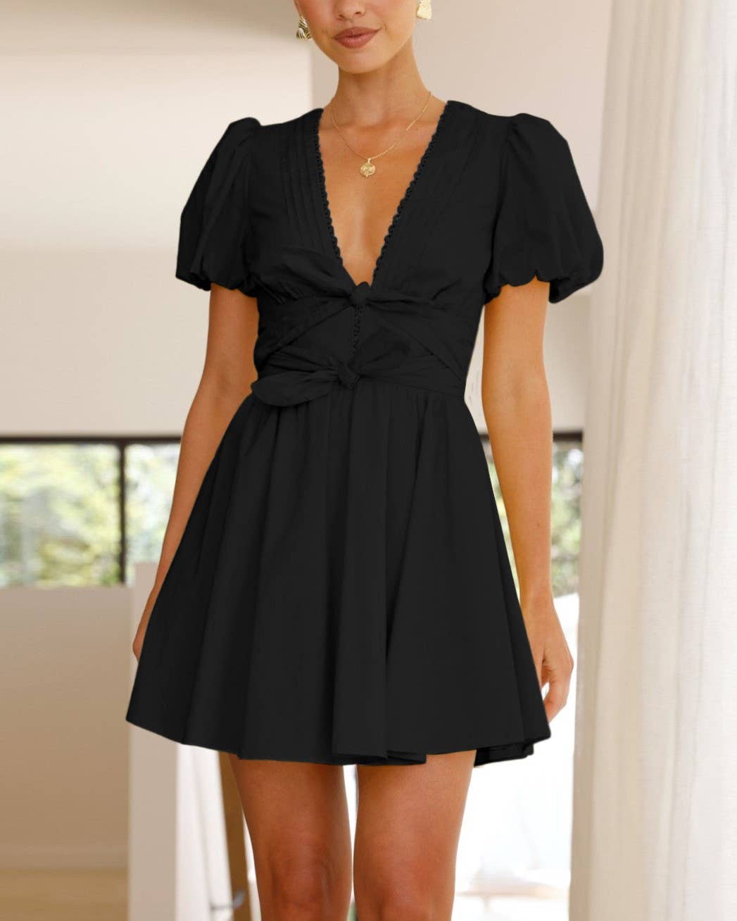 V-NECK BOW-KNOT DETAIL MINI DRESS