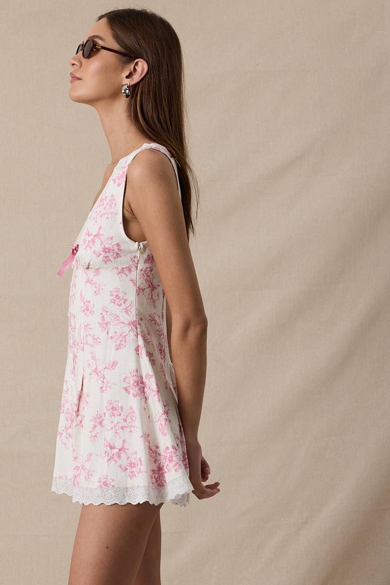 HIBISCUS FLORAL V-NECK SCALLOP LACE MINI DRESS