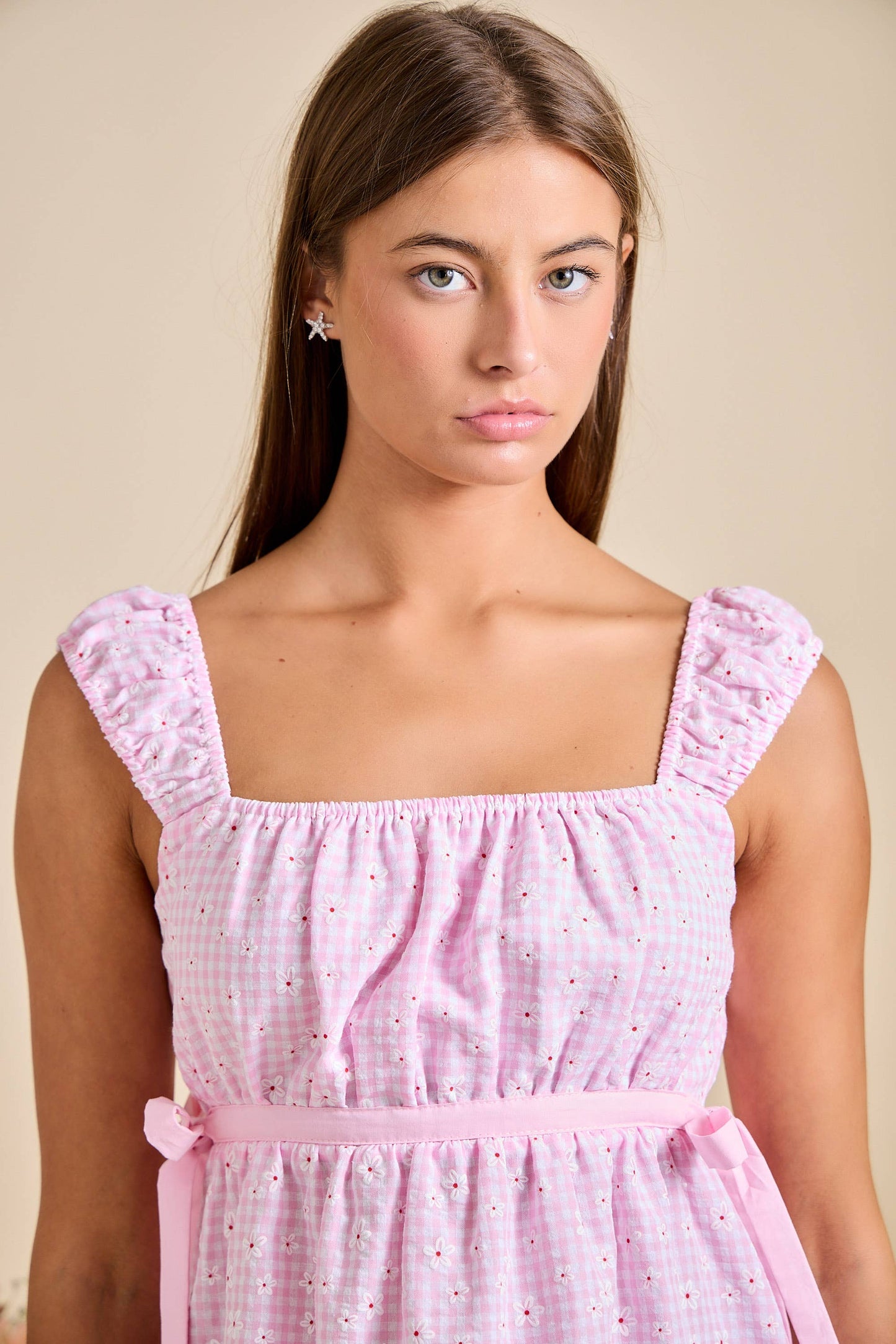Smocked Ruffle Strap Peplum Top - Gingham Daisy