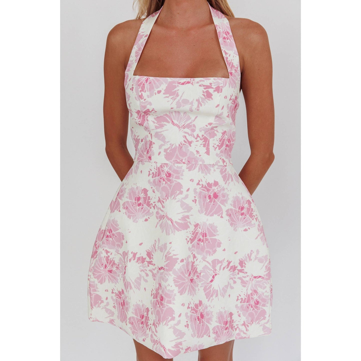 Halterneck Floral Mini Dress: Pink