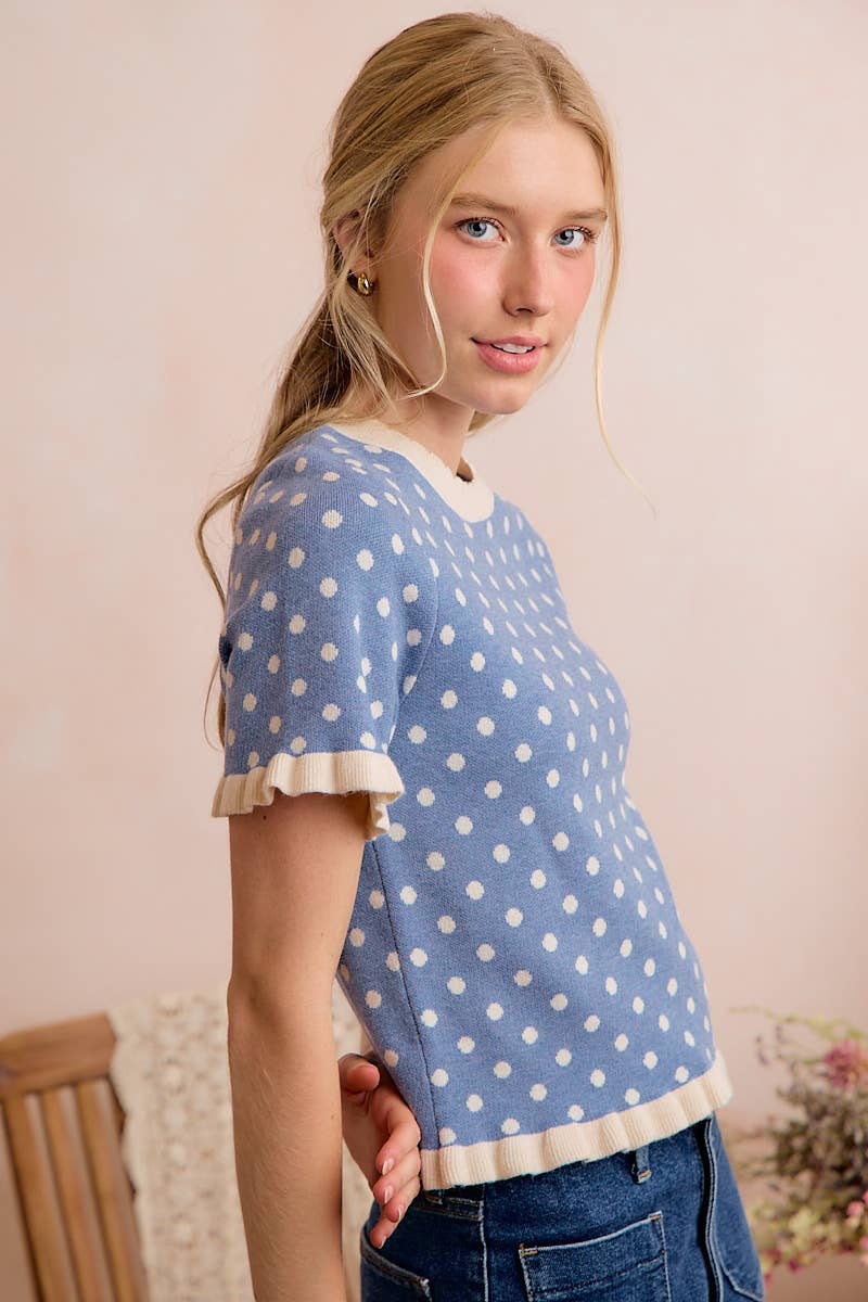 Polka Dot Ruffled Short Sleeves Sweater Knit Top