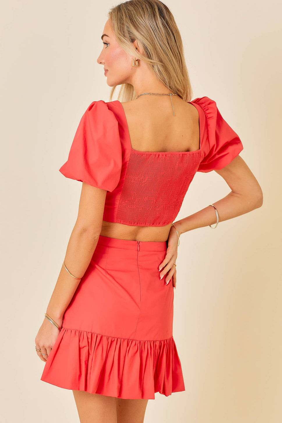 Ruffle Puff Sleeve Crop Top Mini Skirt Set