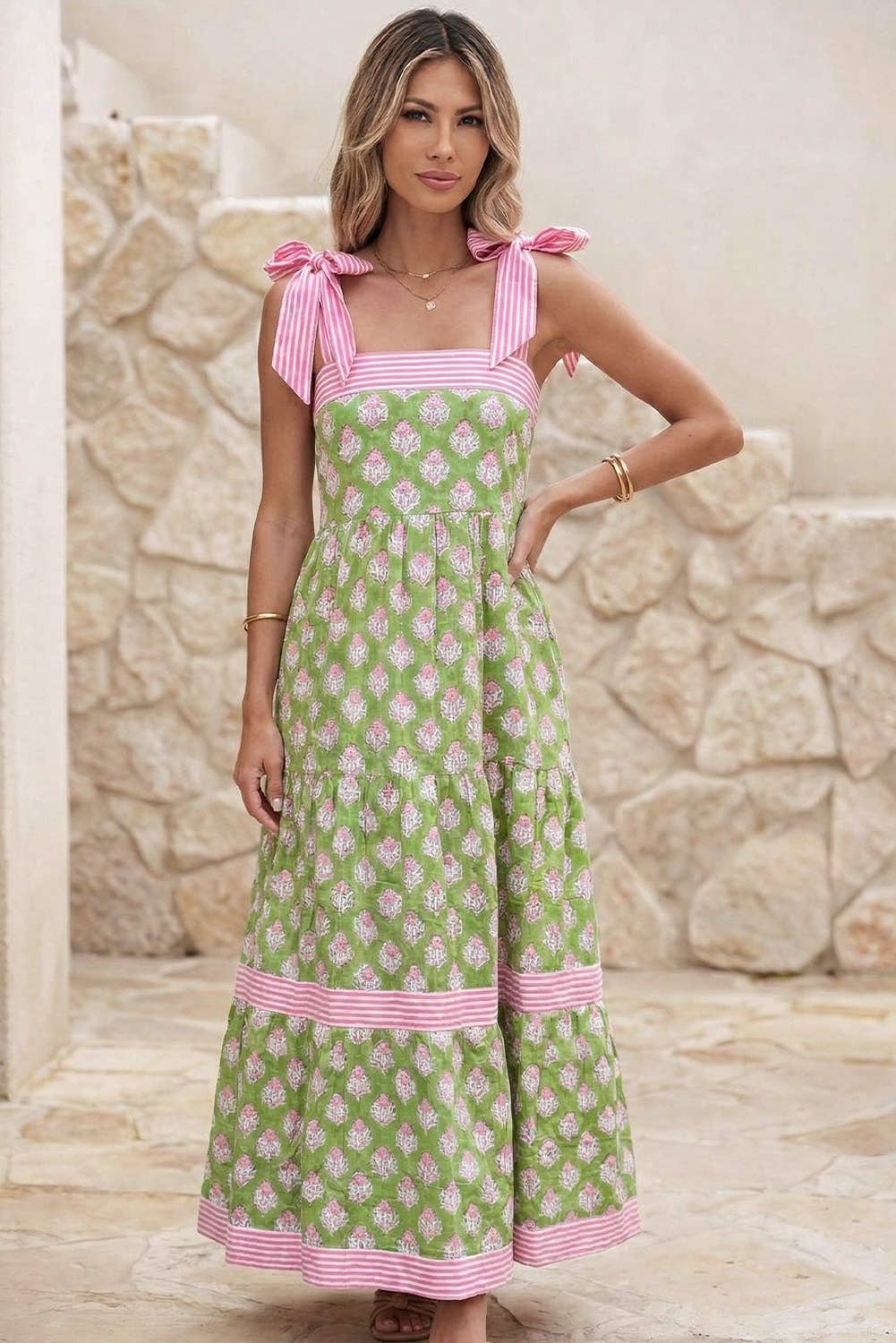 LDC Floral Print Striped Detail Knot Straps Maxi Dress