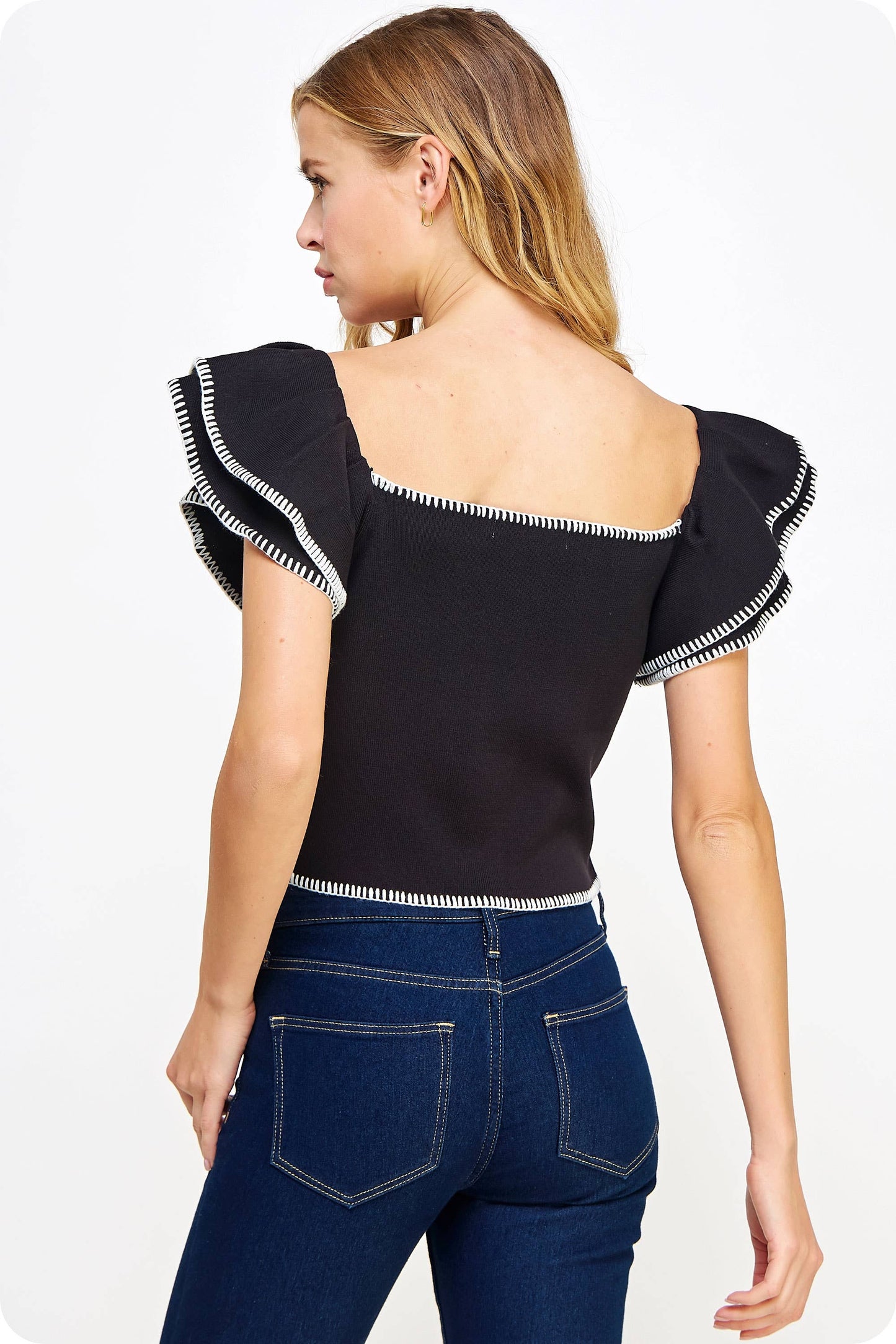 Embroidered Double Ruffled Short Sleeve Knit Top