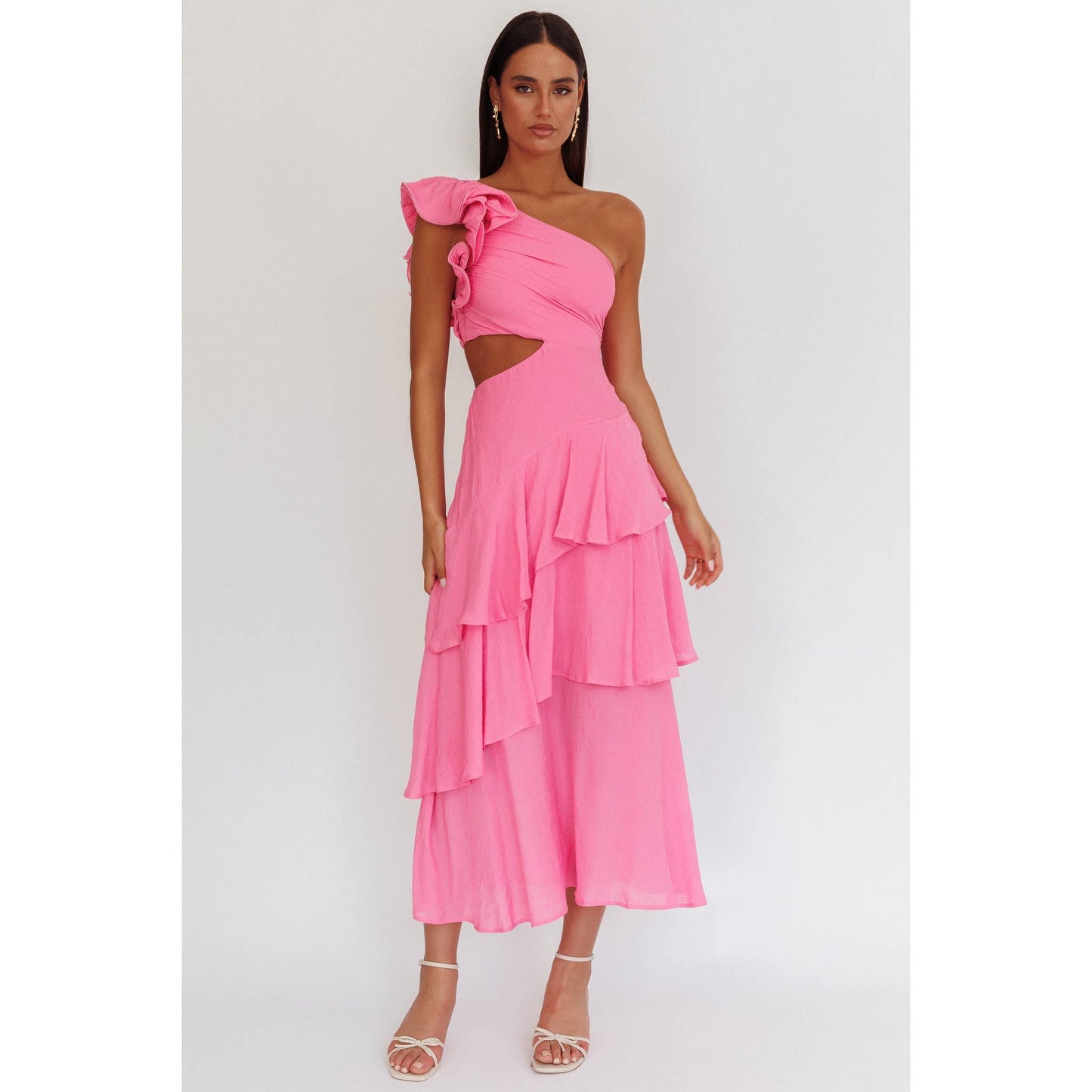 ONE SHOULDER RUFFLE MAXI DRESS
