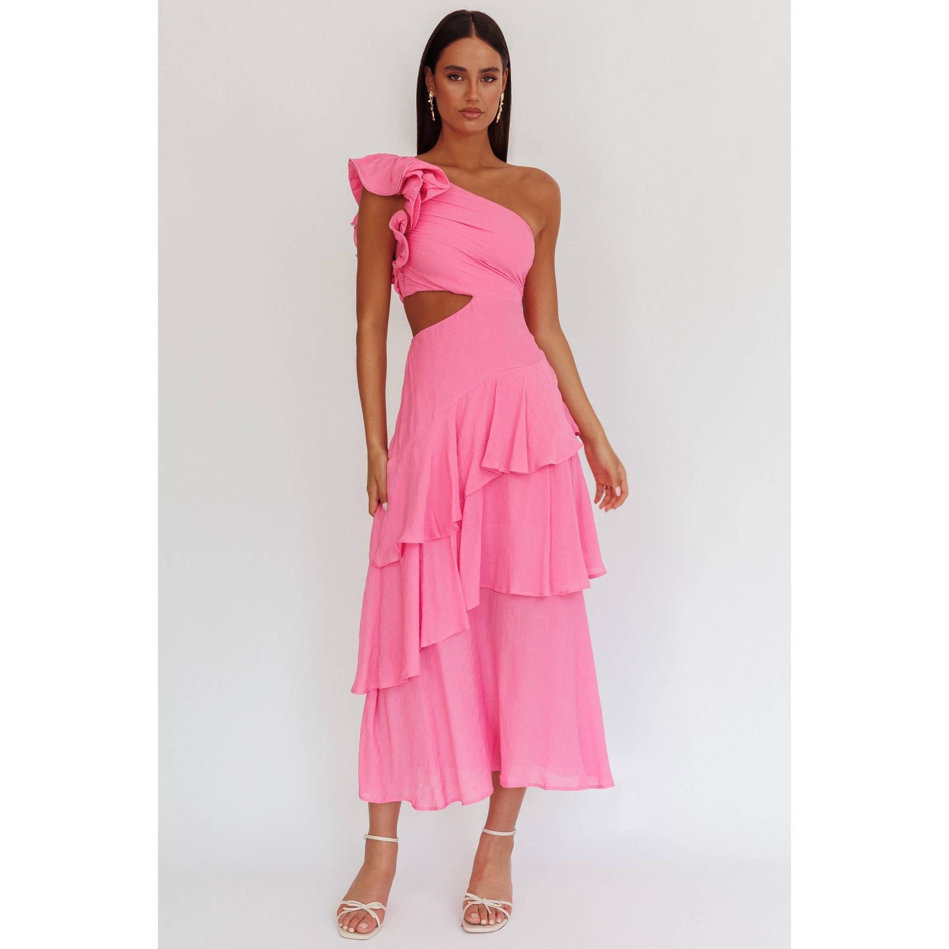 ONE SHOULDER RUFFLE MAXI DRESS