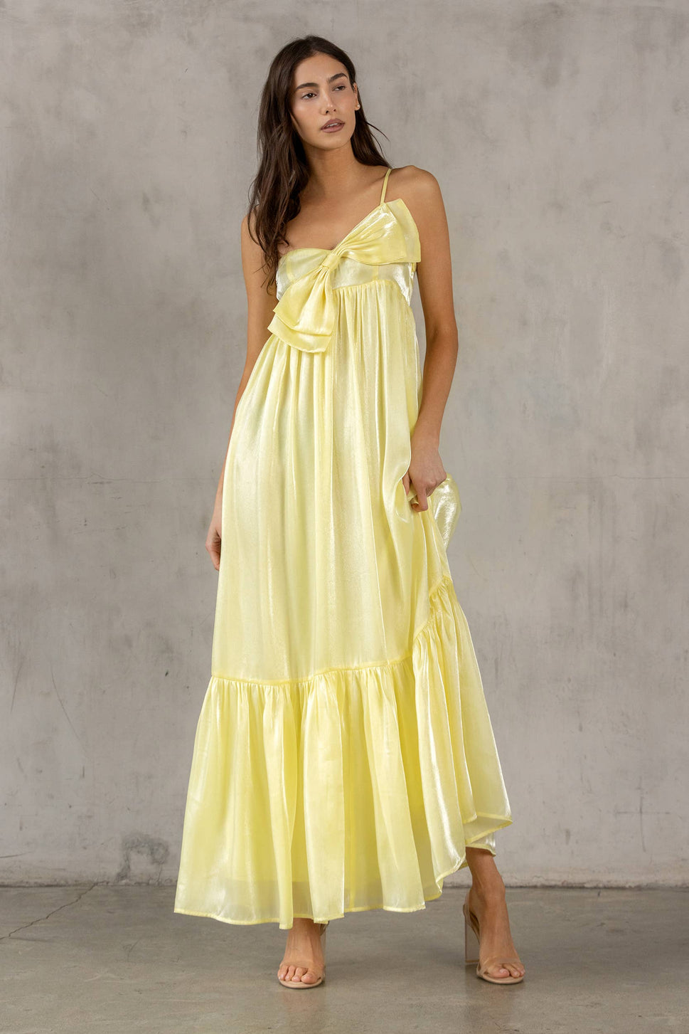 SATIN METALLIC SHEEN MAXI BOW DRESS