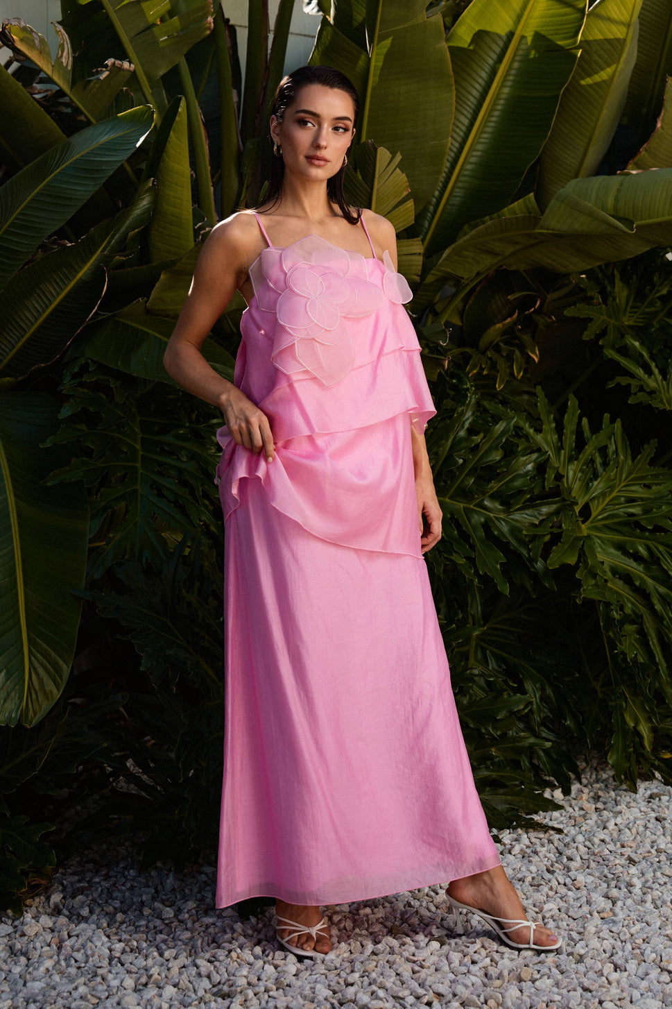 floral applique tiered maxi dress