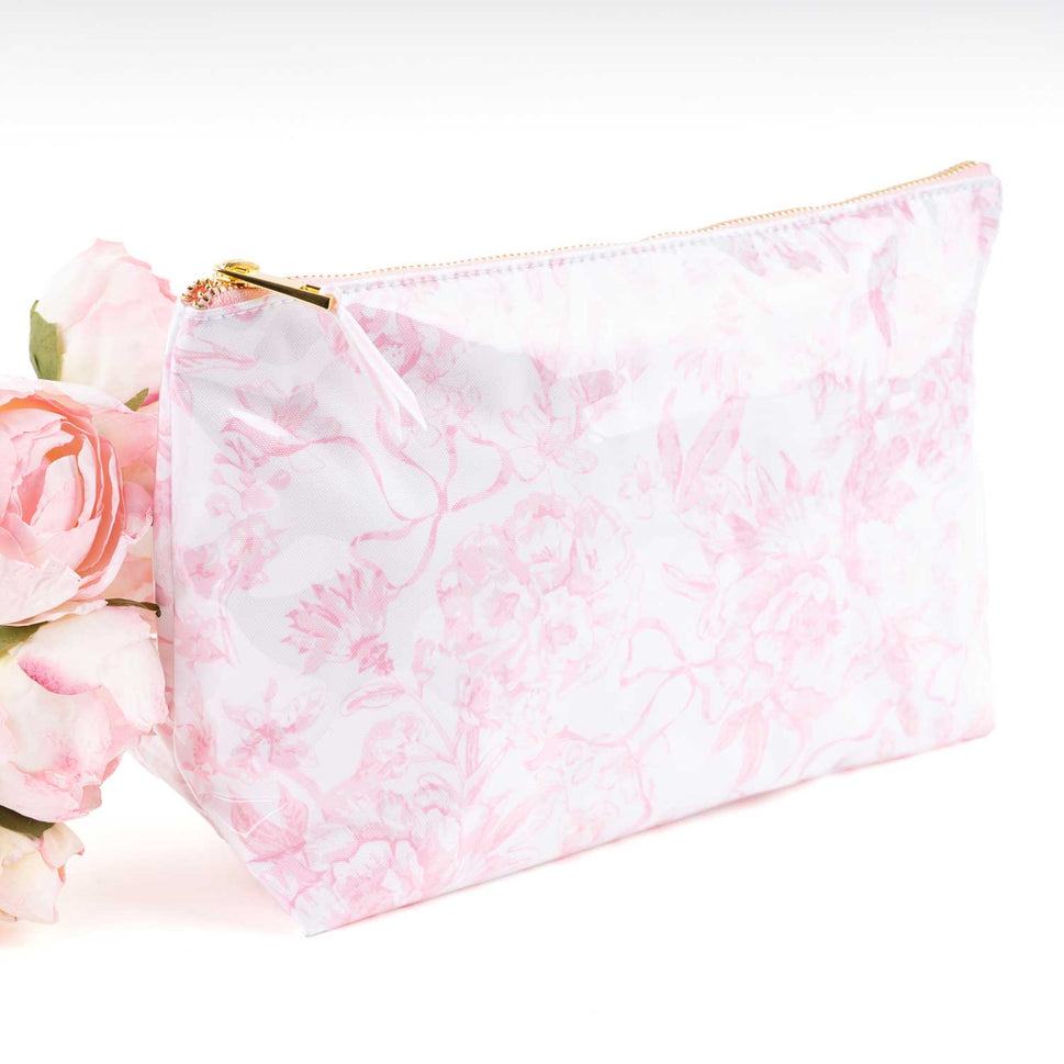 PINK BOW TOILE CLEAR COATED TRAVEL COSMETIC BAG CASE