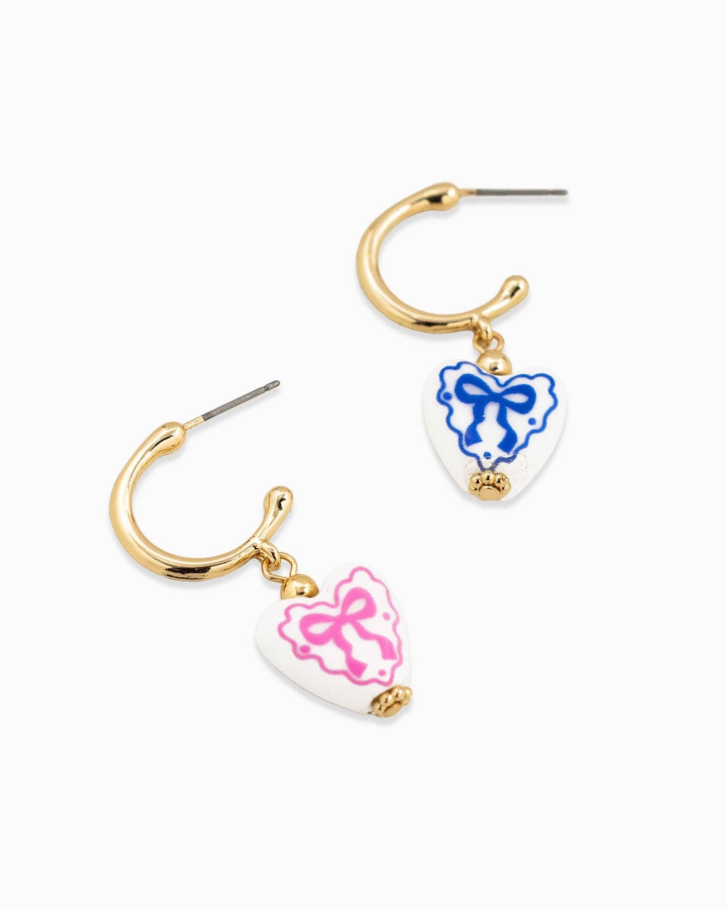 Ceramic Heart Bow Graphic Drop Hoop Earrings: Pink