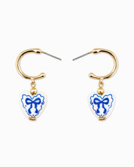 Ceramic Heart Bow Graphic Drop Hoop Earrings: Blue