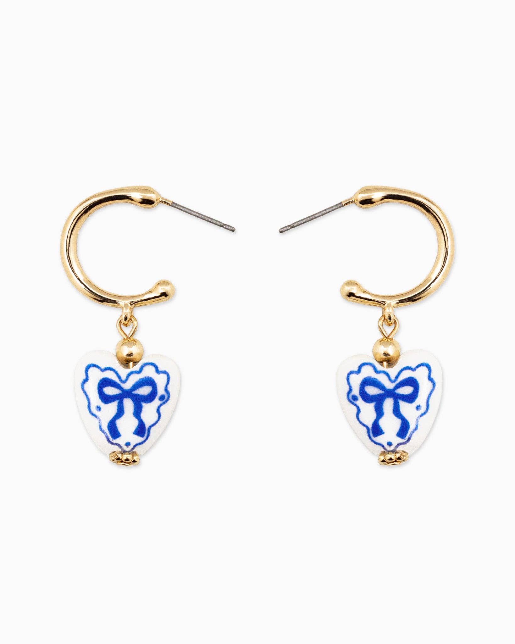Ceramic Heart Bow Graphic Drop Hoop Earrings: Blue