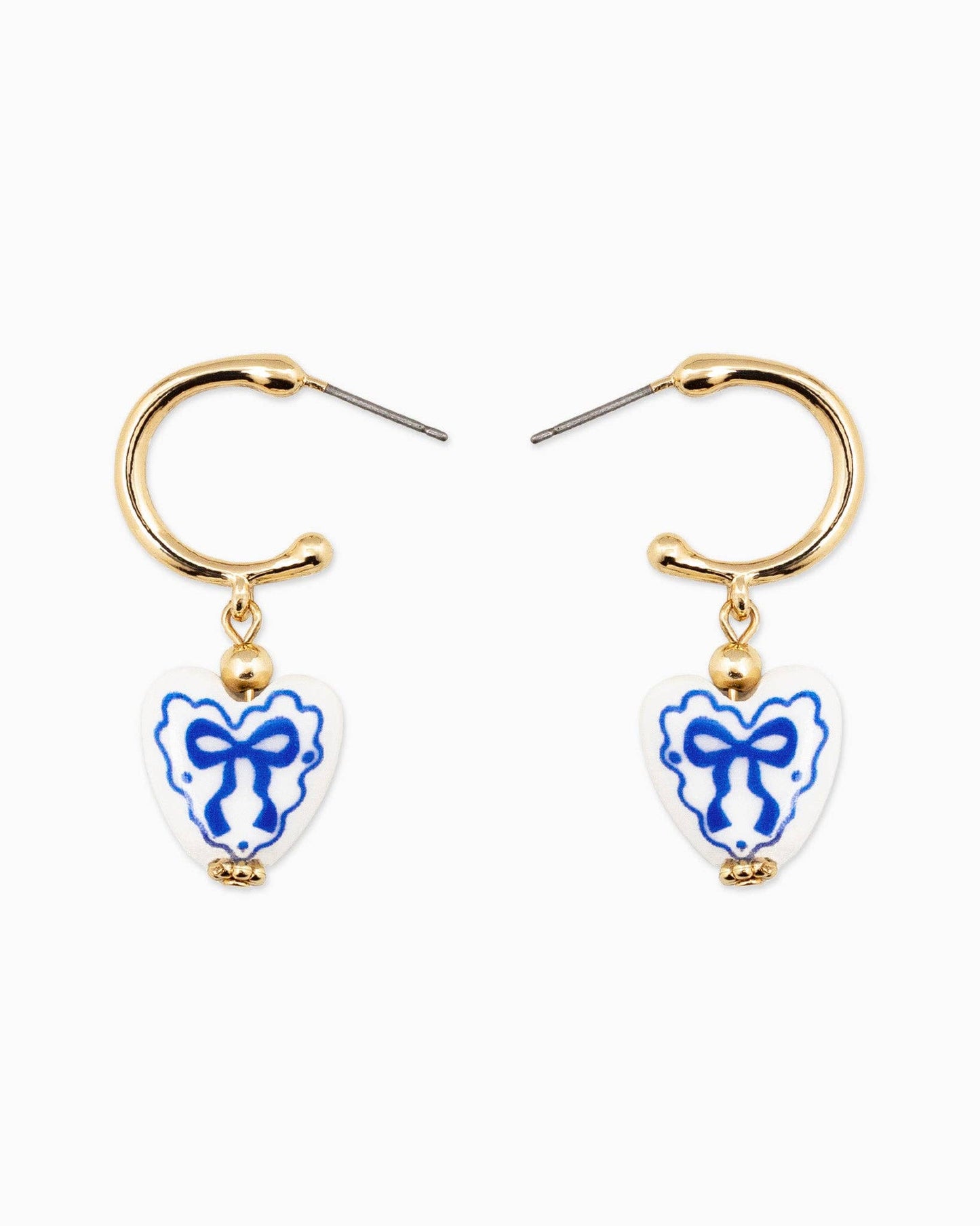 Ceramic Heart Bow Graphic Drop Hoop Earrings: Pink