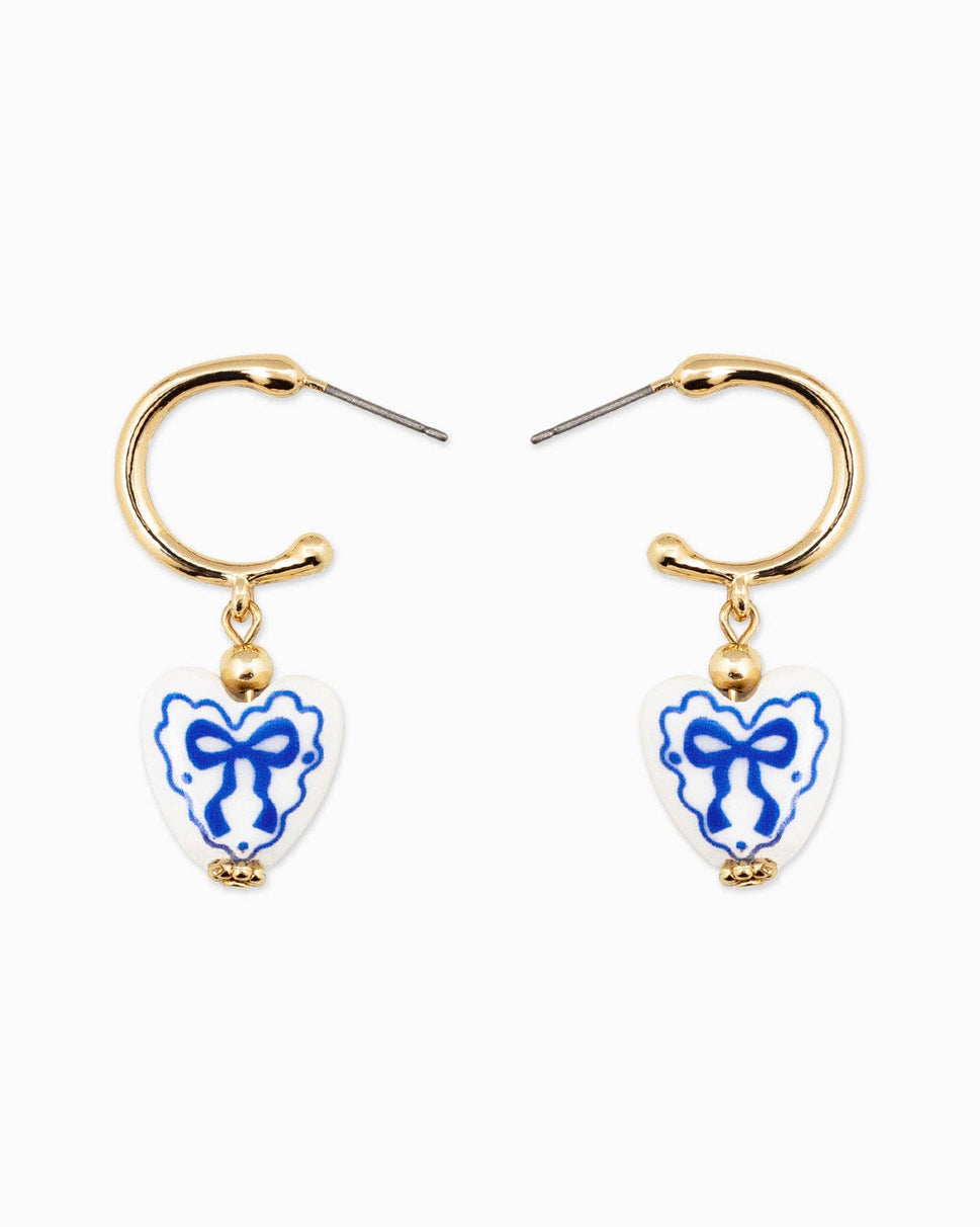 Ceramic Heart Bow Graphic Drop Hoop Earrings: Pink
