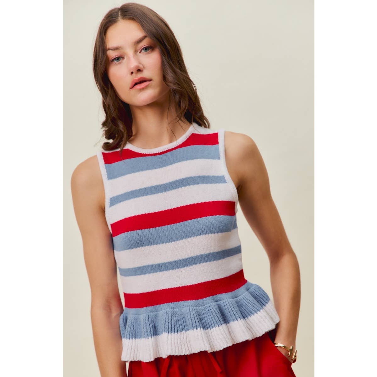 4TH OF JULY STRIPE RUFFLE BOTTOM SWEATER KNIT TOP