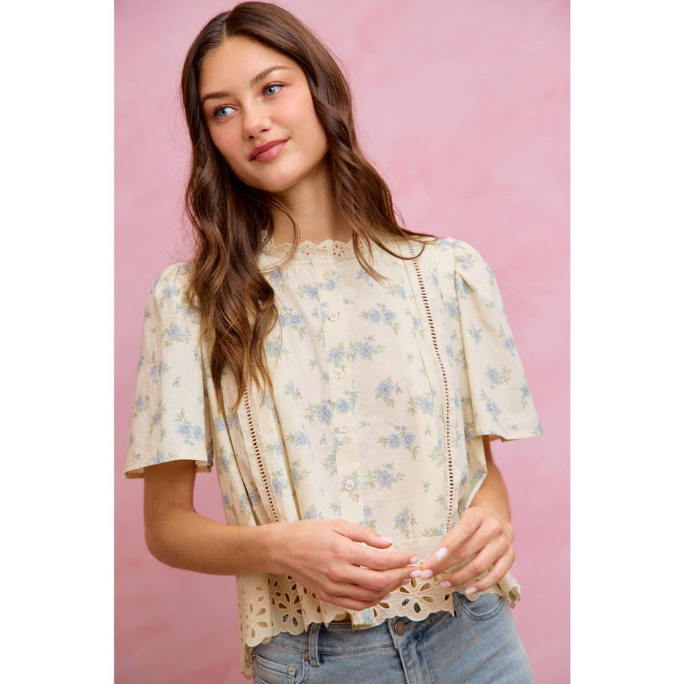 FLORAL PRINT LACE TRIM FLUTTER SLEEVES BLOUSE TOP
