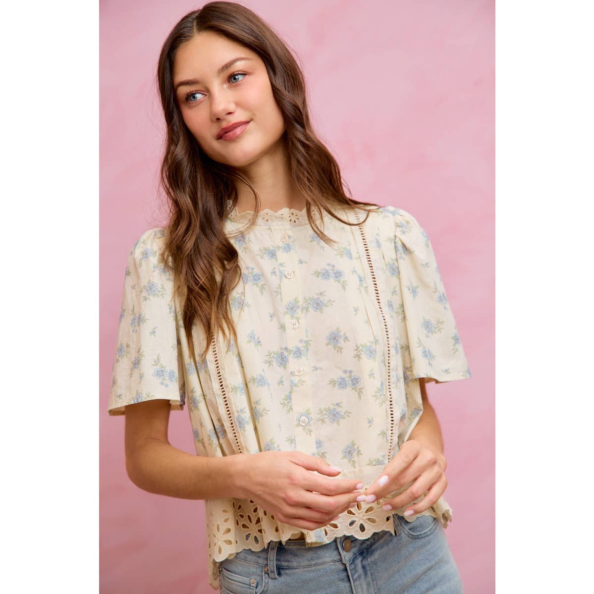 FLORAL PRINT LACE TRIM FLUTTER SLEEVES BLOUSE TOP