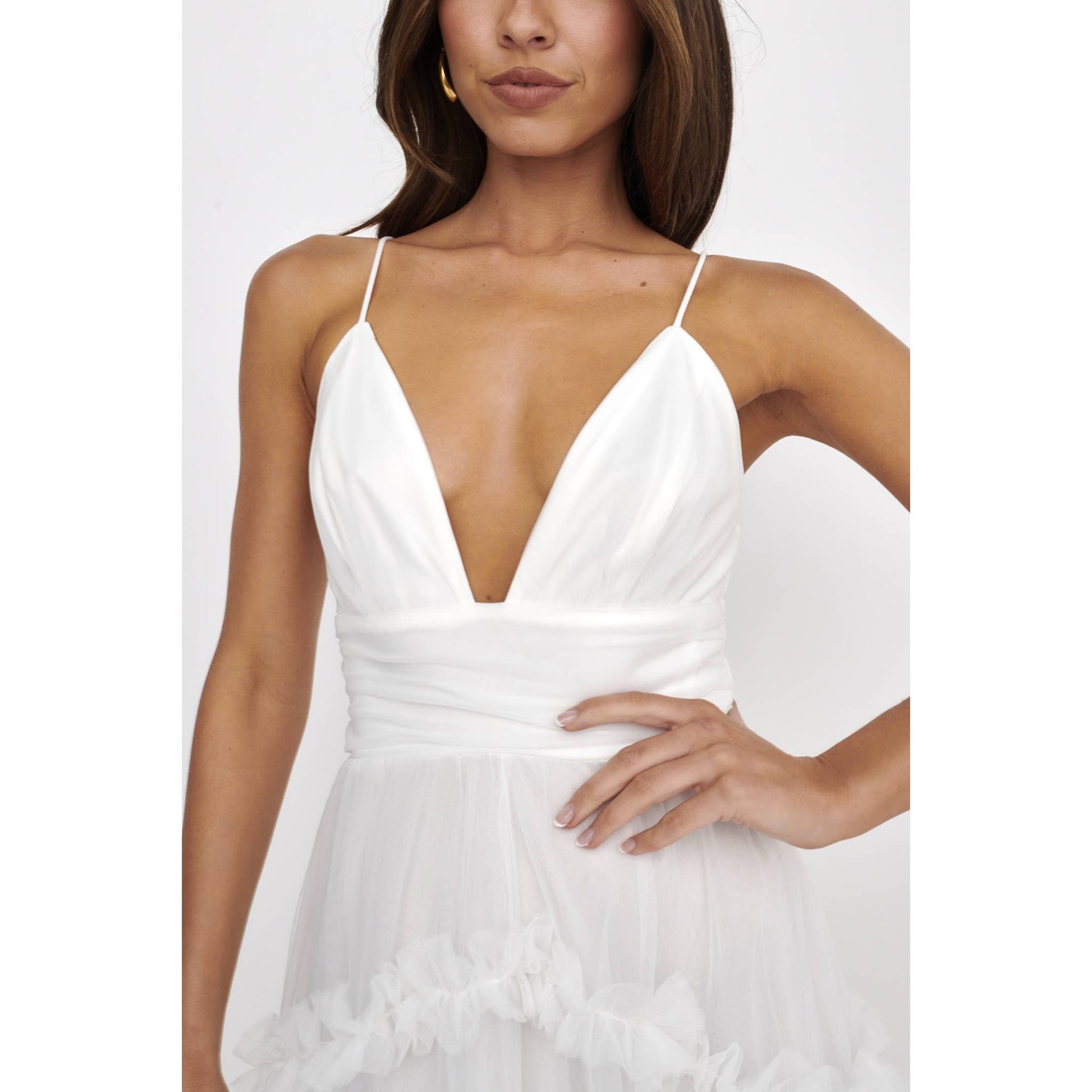 DEEP-V TIERED TULLE MIDI DRESS