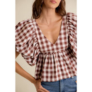 Gingham Bubble Sleeves Back Smocked Blouse Top
