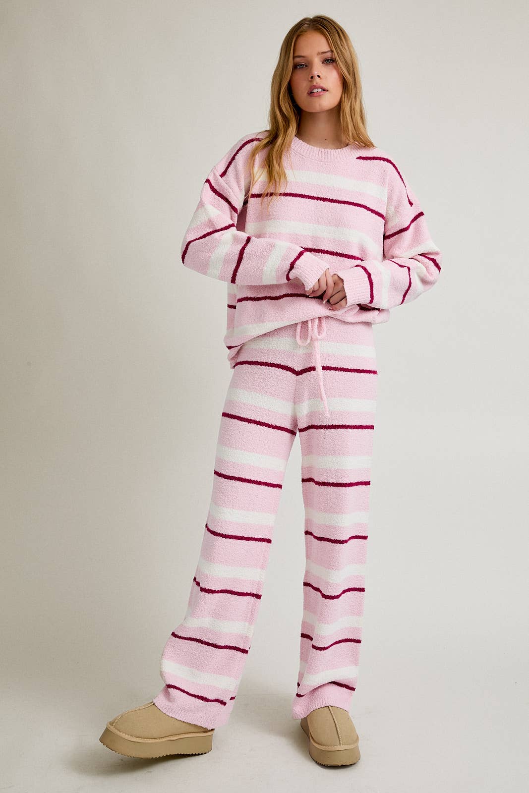 LONG SLEEVE STRIPE SWEATER TOP WITH WIDE LEG SWEATER PANTS