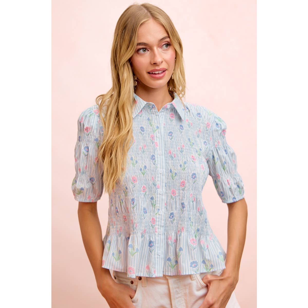 STRIPES AND FLORAL SHORT SLEEVE SHIRRED BLOUSE TOP