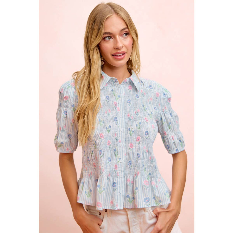 STRIPES AND FLORAL SHORT SLEEVE SHIRRED BLOUSE TOP