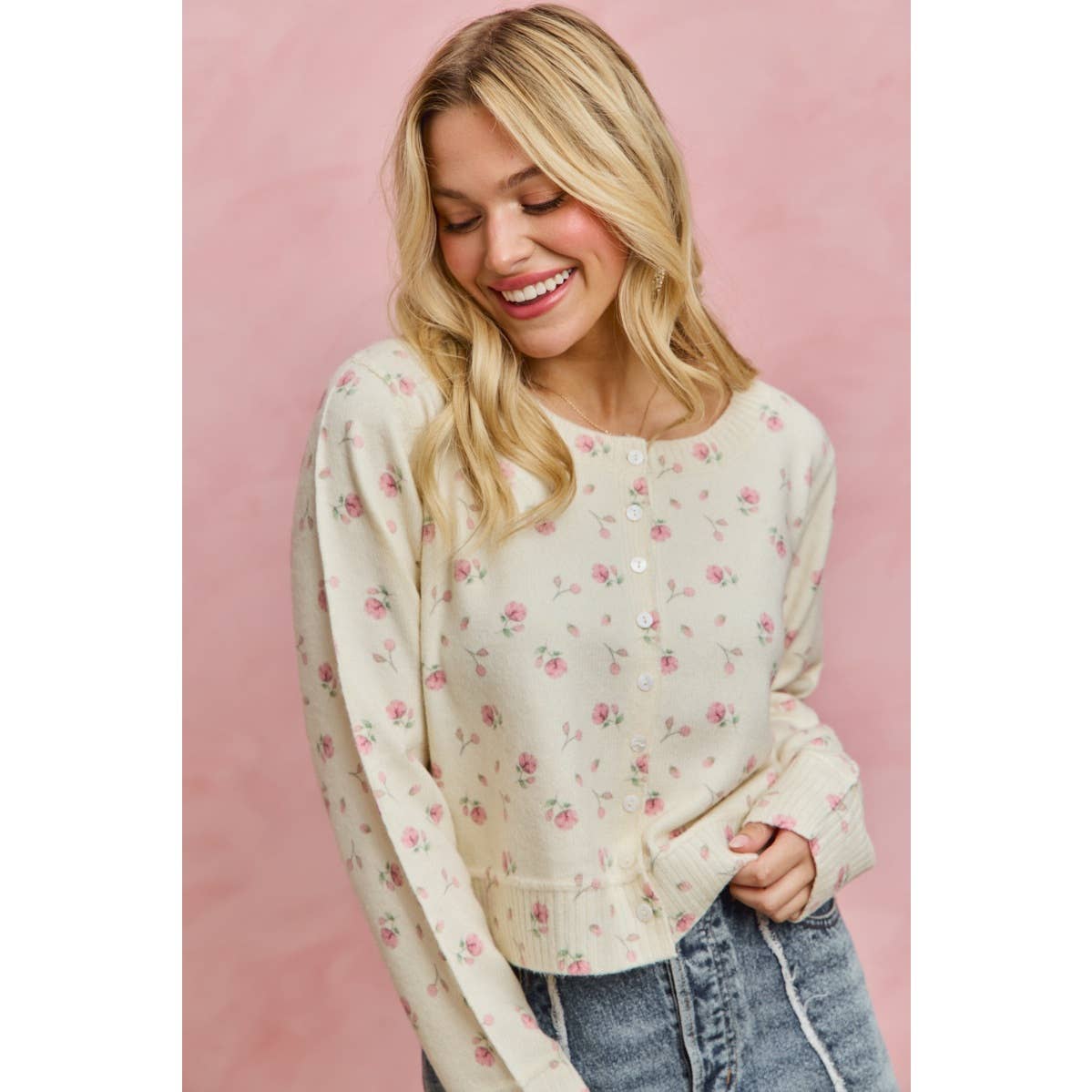 FLORAL PRINT BUTTON DOWN CARDIGAN SWEATER TOP