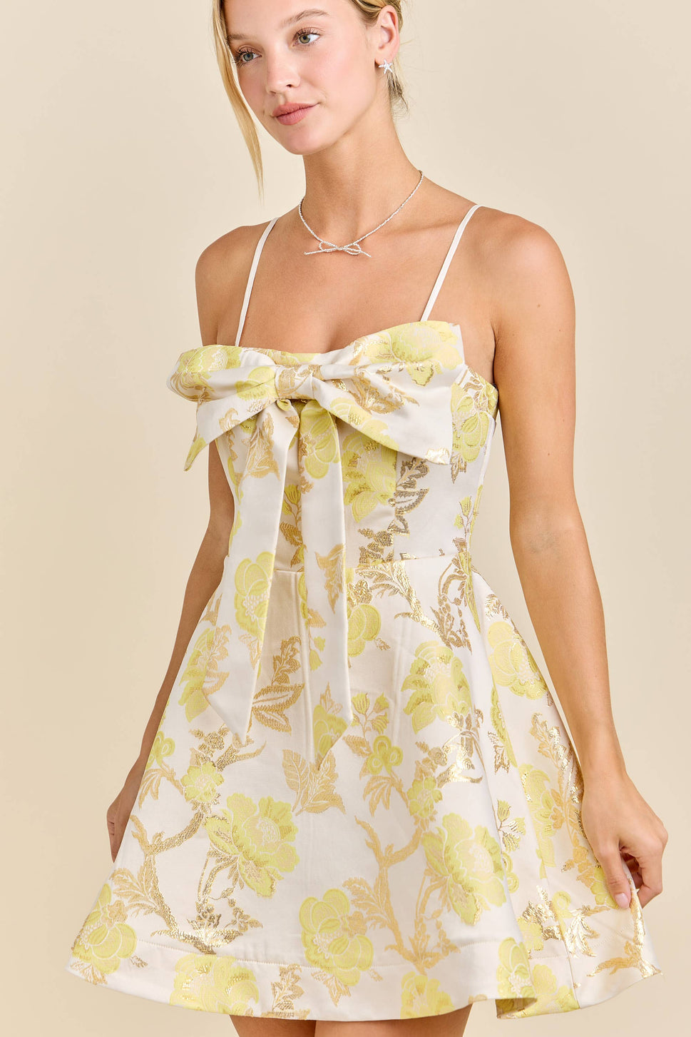 Glam Bow Floral Jacquard Mini Dress
