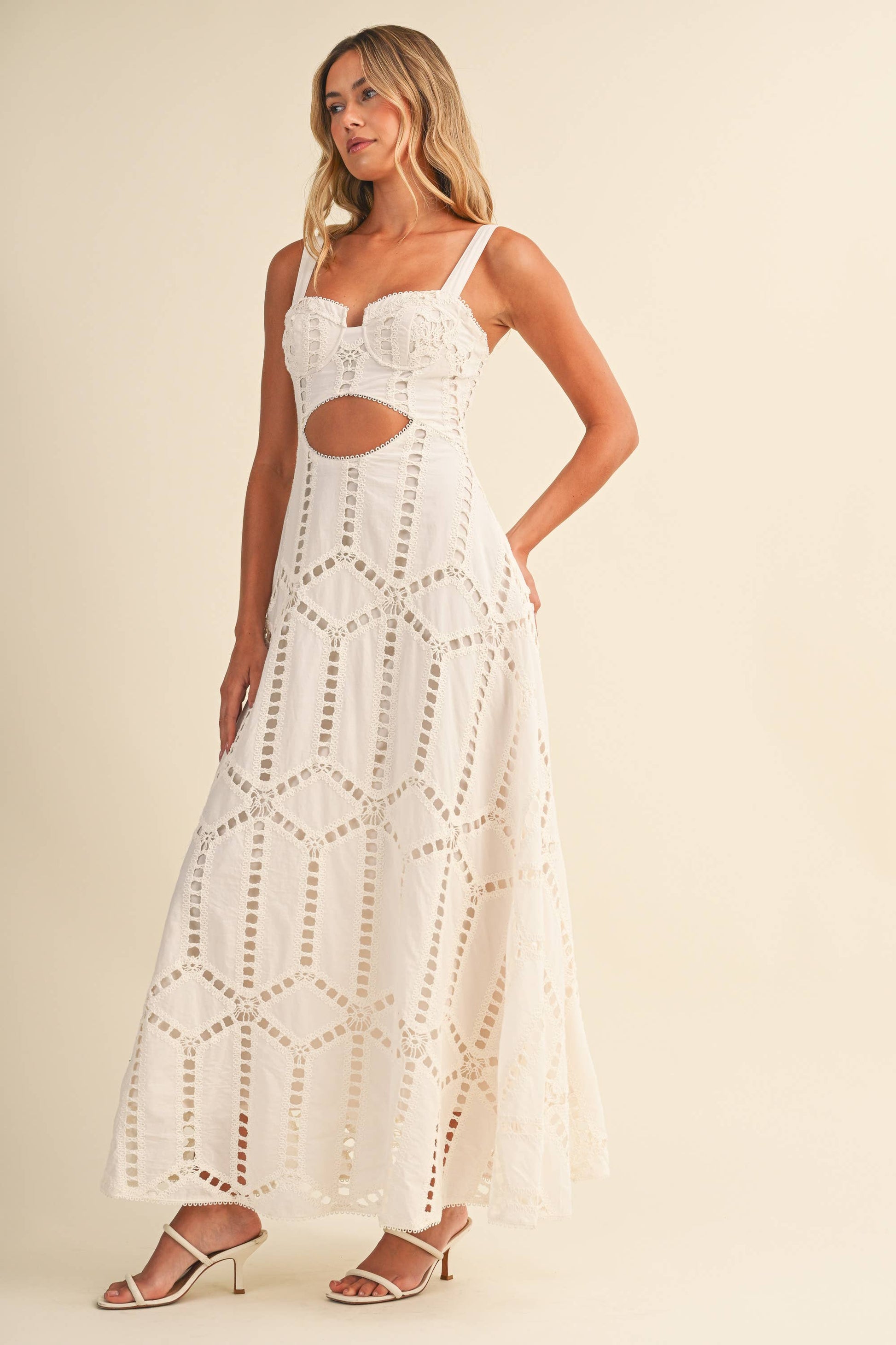 ID10399 EMBROIDERED CUTWORK BUSTIER FLARE LONG DRESS