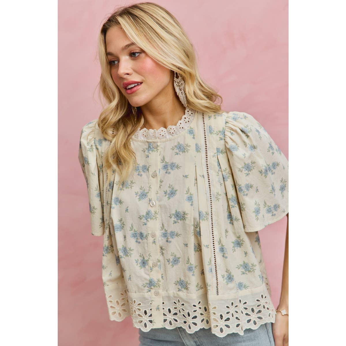 FLORAL PRINT LACE TRIM FLUTTER SLEEVES BLOUSE TOP