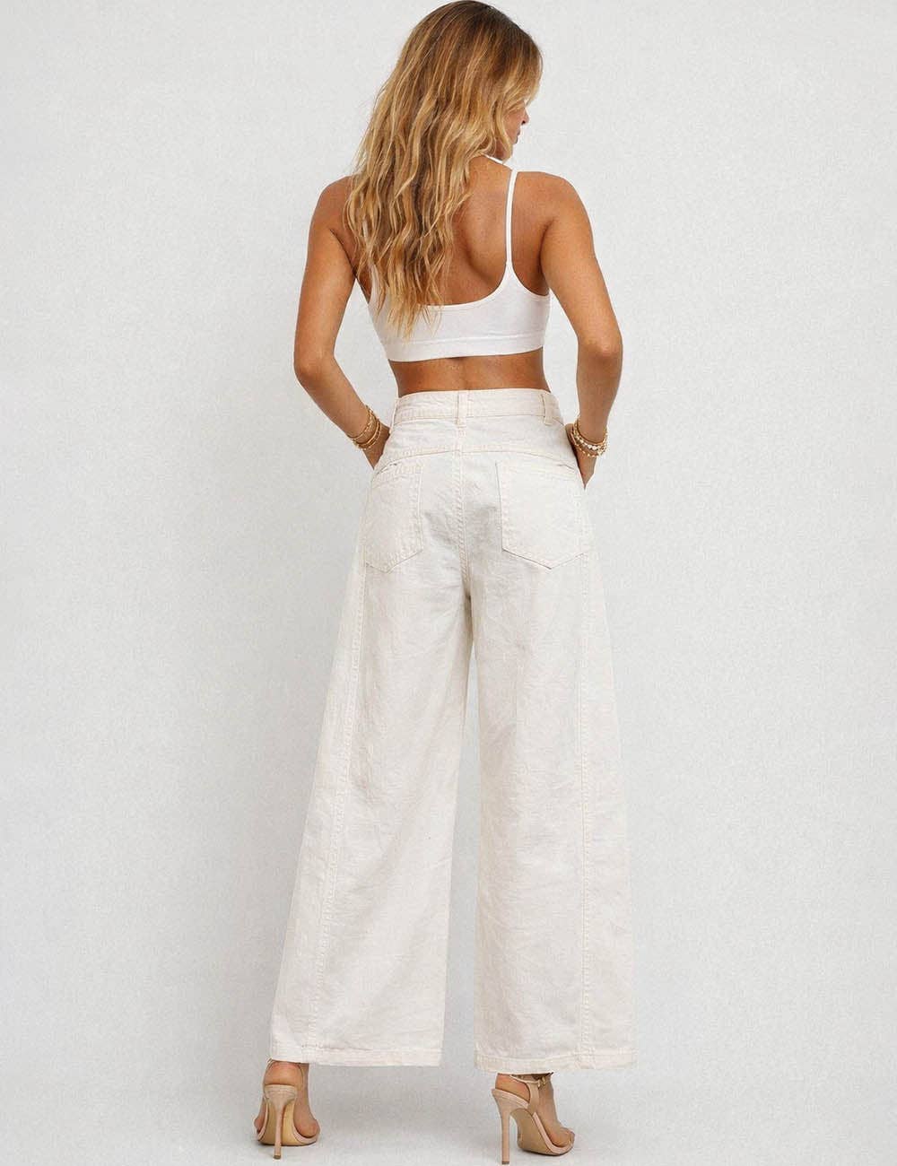 Ladies Floral Jacquard Button Pocket Wide Leg Denim Pants