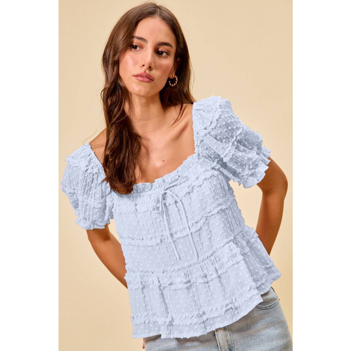 TEXTURED CLIP DOT RUFFLE SHORT SLEEVES BLOUSE TOP