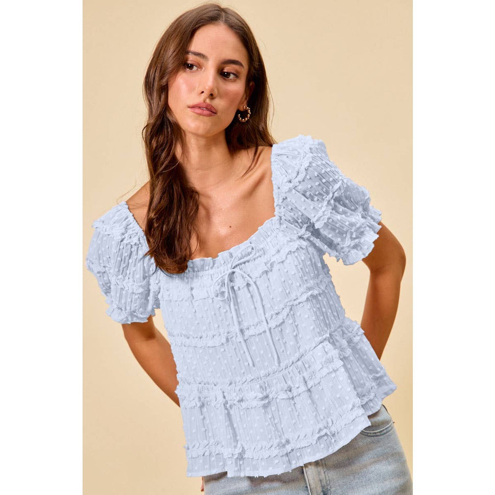 TEXTURED CLIP DOT RUFFLE SHORT SLEEVES BLOUSE TOP