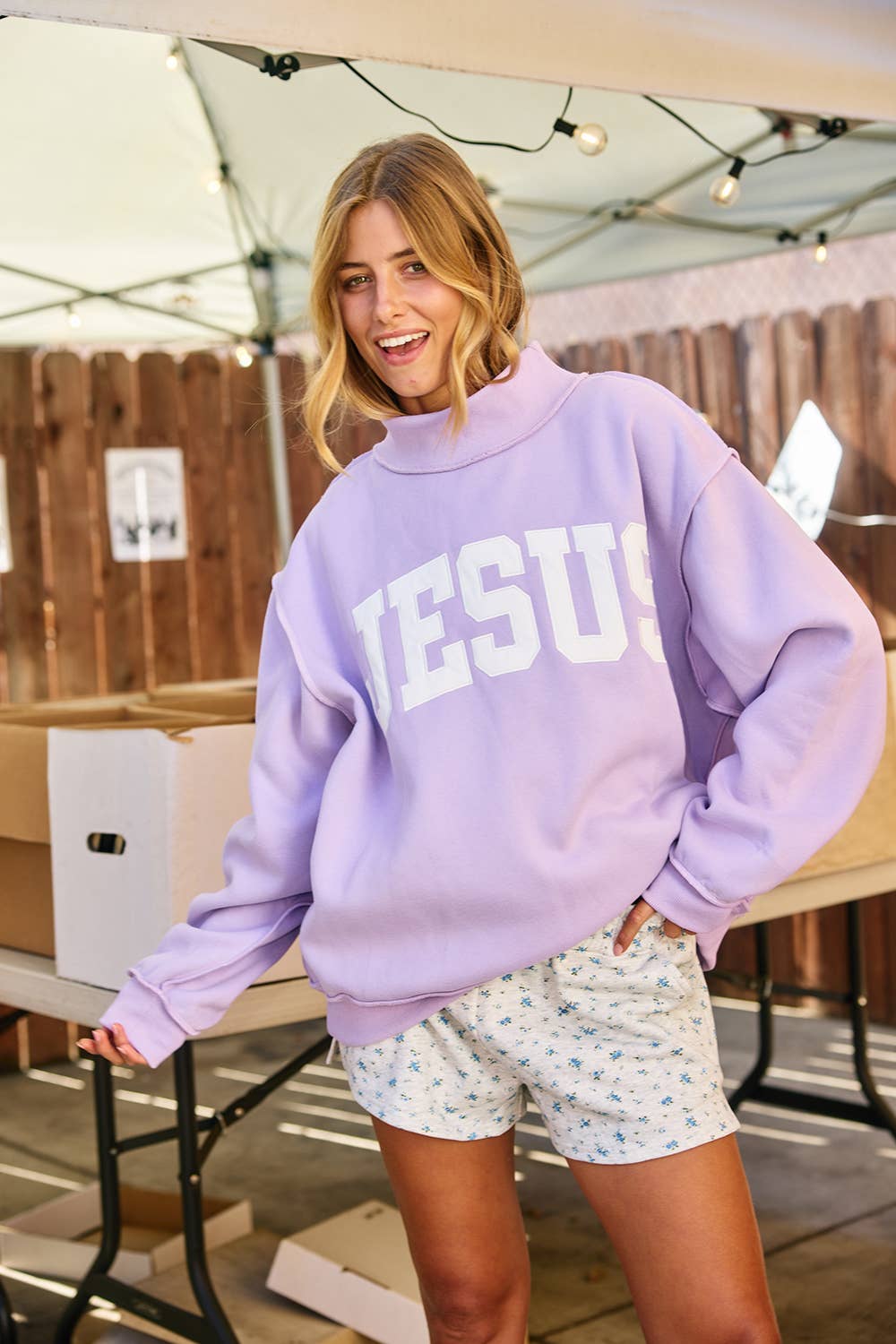 Jesus Embroidered Mock Neck Sweatshirt : LAVENDER