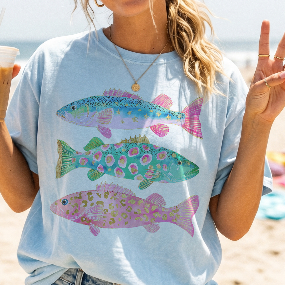 Coastal Preppy Fish Pink Blue Beach Ocean Club Graphic Tee