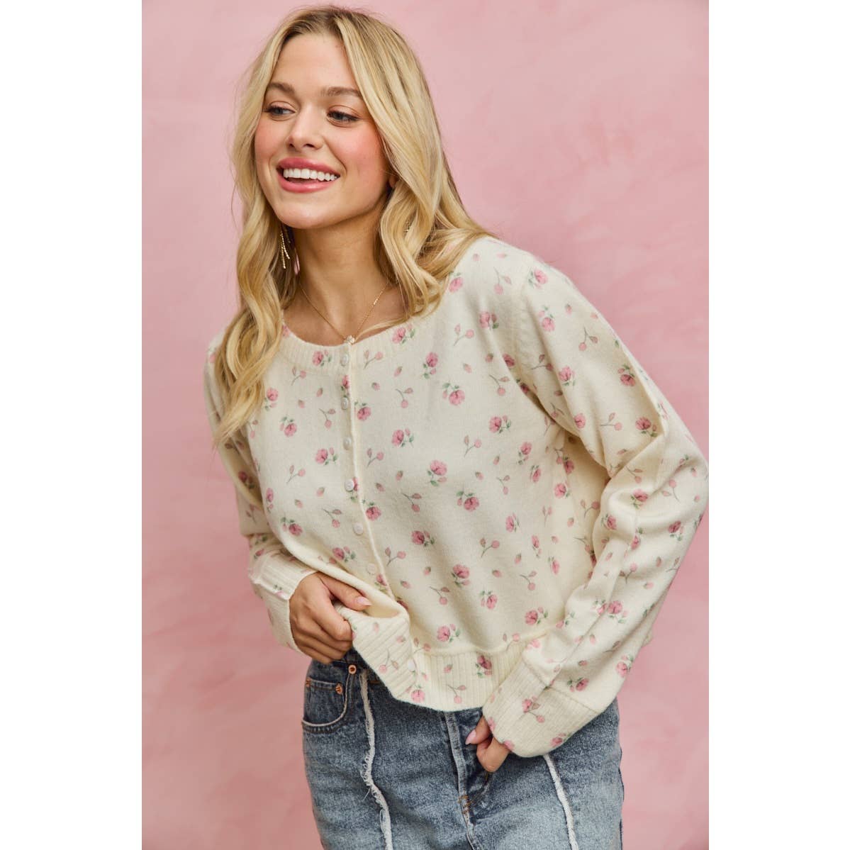 FLORAL PRINT BUTTON DOWN CARDIGAN SWEATER TOP