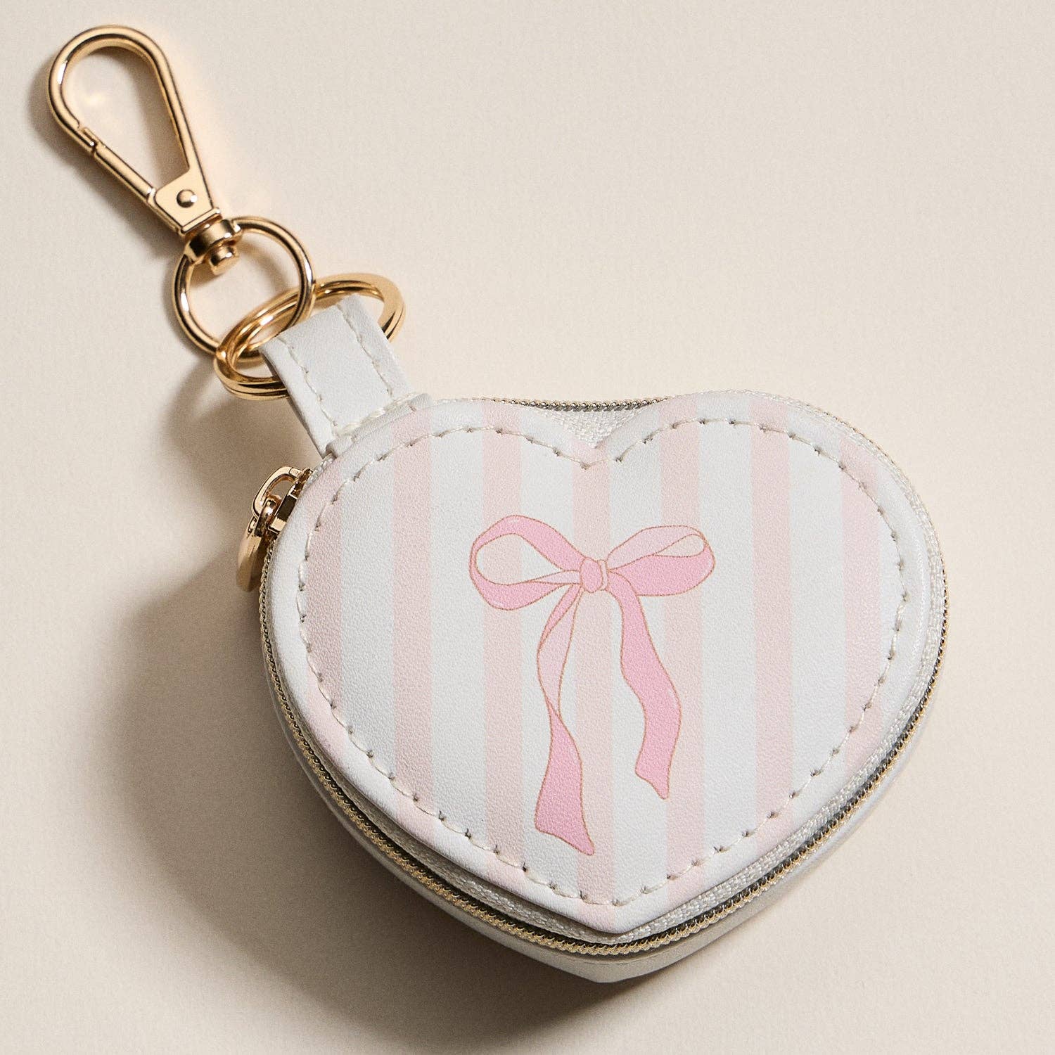 Heart-Shaped Jewelry Travel Case with Keychain – Pink Bow Stripe Design: IV / ONE