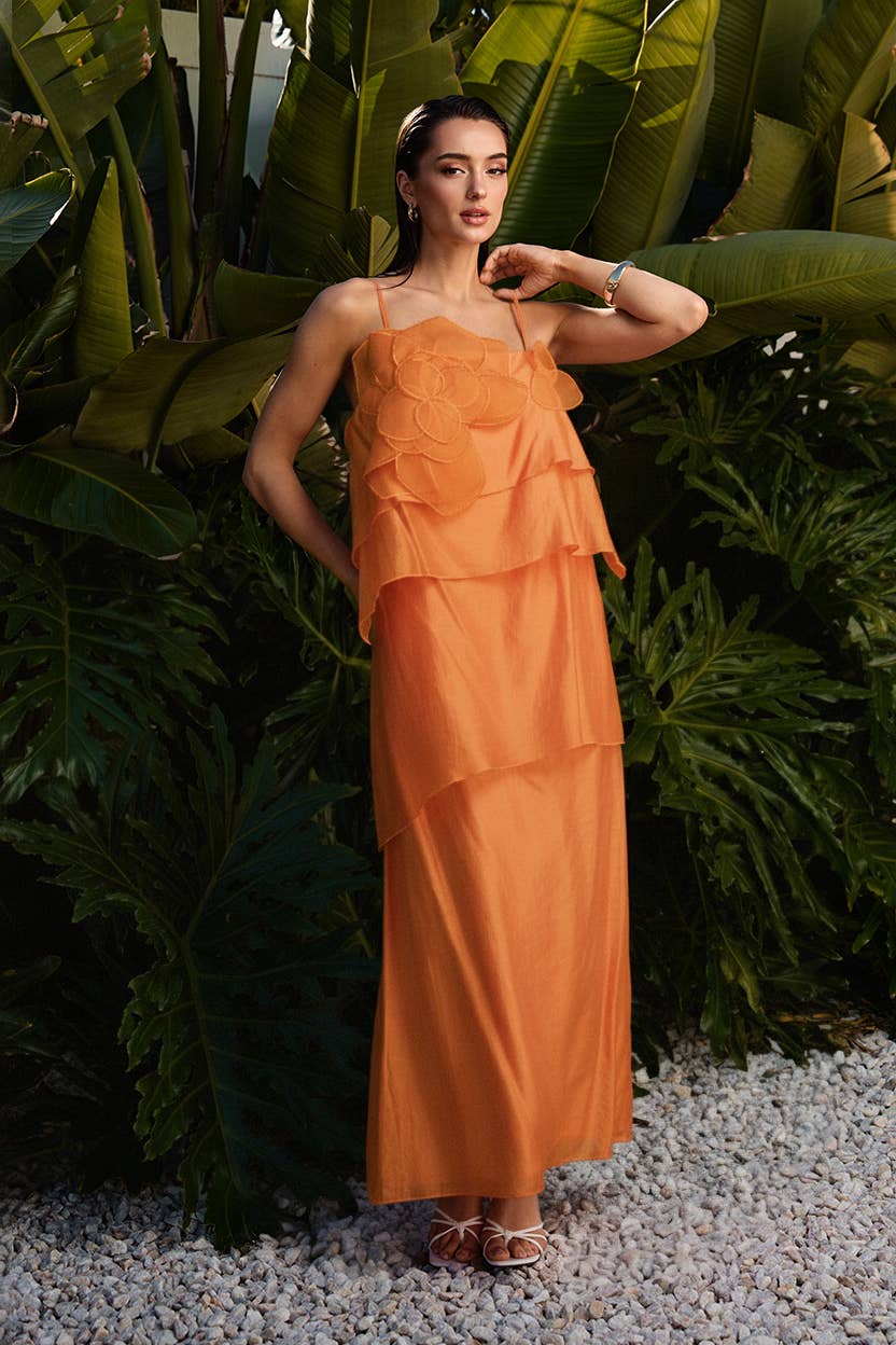 floral applique tiered maxi dress