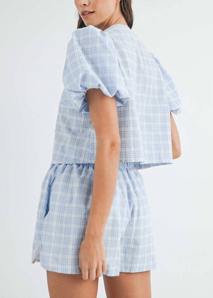 V-NECK LACE UP PUFF SLEEVE TOP SHORTS PLAID SET