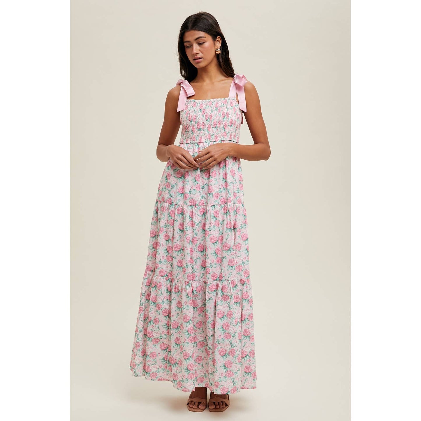 FLORAL SELF TIE SHOULDER MIDI DRESS / WL25-