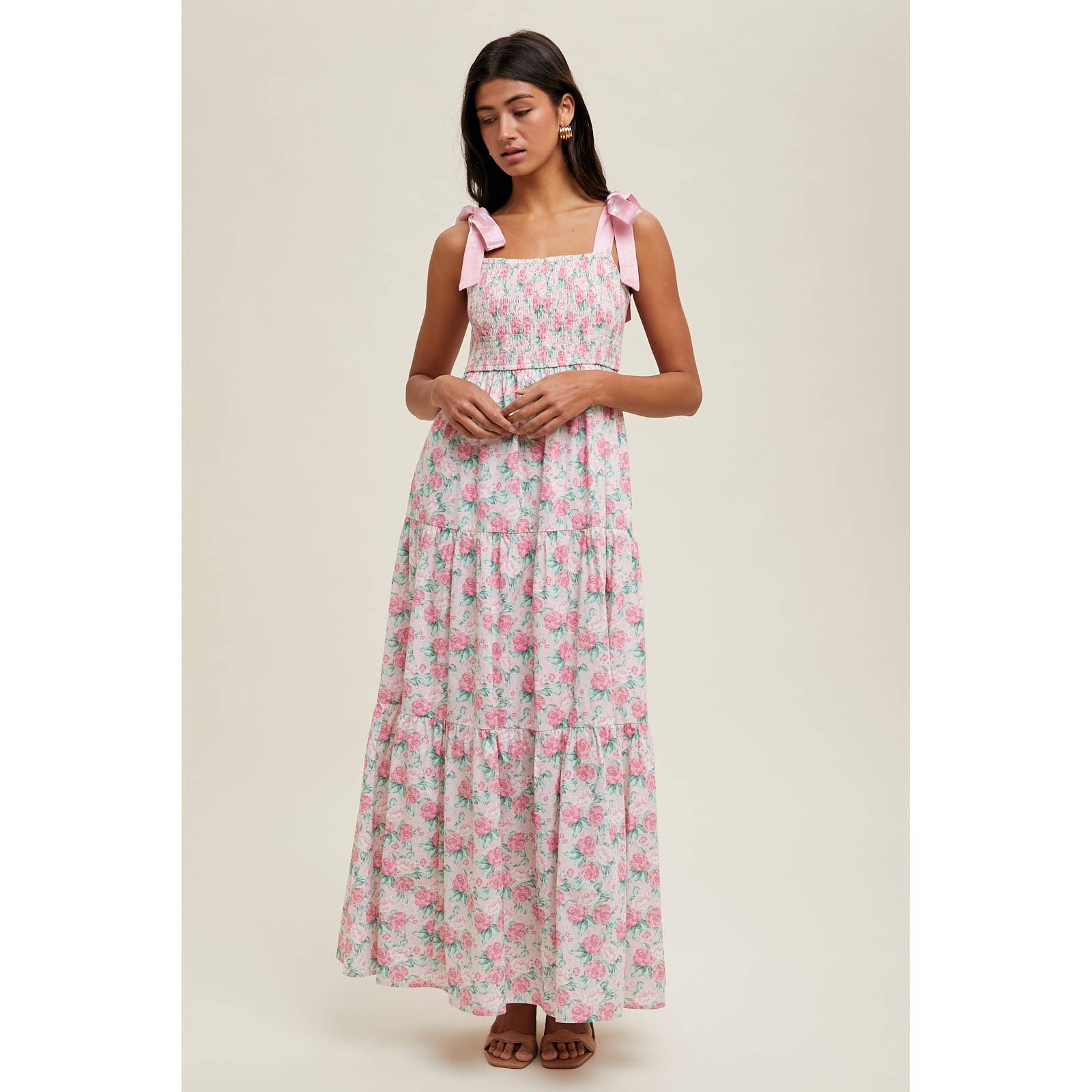 FLORAL SELF TIE SHOULDER MIDI DRESS / WL25-