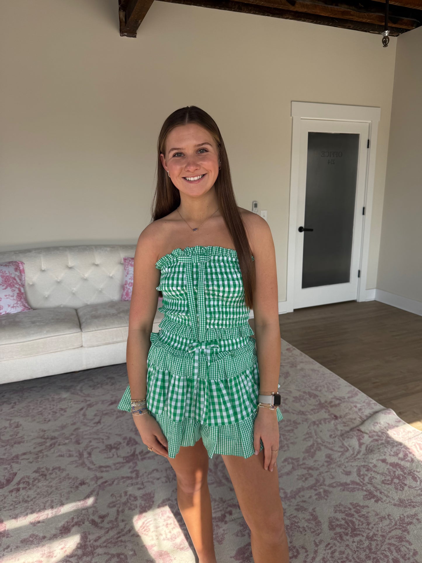 Mixed gingham tube top with ruffle short set